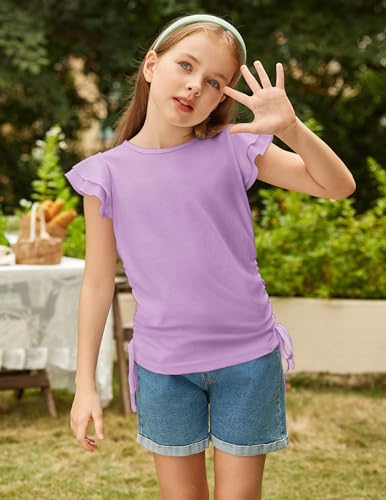 Image of Arshiner Girls T Shirts Ruffle Short Sleeve Ruched Knot Side Tunic Blouse Summer Tee Tops