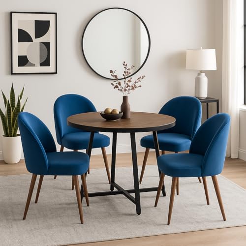 Image of 5-Piece Modern Round Dining Table Set, 35'' Wooden Table with 4 Velvet Upholstered Chairs, Compact Space-Saving Furniture for Small Apartments, Kitchens, and Dining Rooms (Brown Top, Blue)