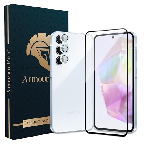 Image of ArmourPro Military-Grade Tempered Glass Compatible with Samsung Galaxy A35 5G (6.6 Inch) with Blue Camera Ring Protector & Installation Kit | Edge to Edge Coverage