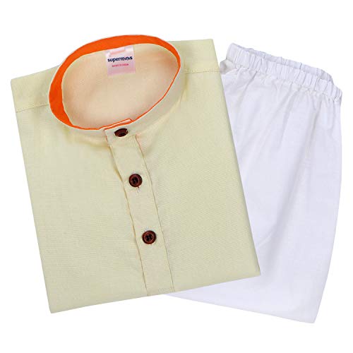 Image of superminis Baby Boys Cotton Solid Ethnic Wear Kurta Pyjama Set With Wooden Button