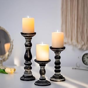 Romadedi Wood Candle Holders for Pillar Candles - Set of 3 Tall Farmhouse Wooden Candlestick Holder, Rustic Candle Stand for Fireplace Mantle Shelf Table Home Decor, Black 6"/ 8.3"/11.8" Romadedi Wood Candle Holders for Pillar Candles Set of 3 Tall Farmhouse Wooden Candlestick Holder Rustic Candle Stand for Fireplace Mantle Shelf Table Home Decor Black 6 83118