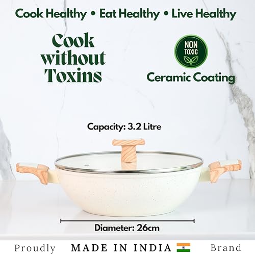 Image of Kreme Ceracook Ceramic Coated Granite Kadai 3.2L /26cm with Glass Lid, Deep Frying Kadhai, ISI Certified, Forged Aluminium, Gas & Induction Use, Non Toxic PFAS & PTFE Free, 1 Yr Warranty, Ivory