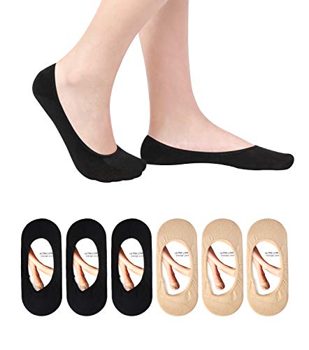 No-Show Socks for Women, Thin Low Cut Socks Loafer Liner Anti Slip Heel Black+Beige, One Size