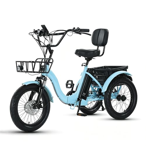Bicicletas Eléctricas,Triciclo Eléctrico Plegable Con Neumáticos Anchos,Cuadro De Fácil Acceso,Material De Acero De Alto Carbono,Cesta Delantera,Portaequipajes Trasero Blue