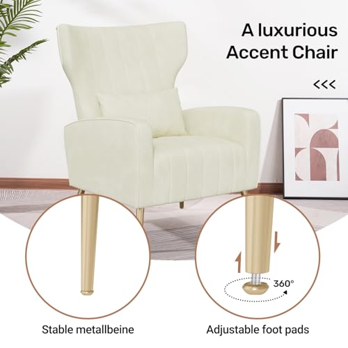 Hawthyhome Relaxsessel/Einzelsofa/Fernsehsessel/Ohrensessel mit Kopfkissen und Gold Metallfüßen aus Samt bis 130kg Schlafzimmer Wohnzimmer Beige