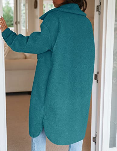 Zesica Women's Winter Fuzzy Fleece Lapel Button Down Open Front Faux Fur Long Jacket Coat Outwear With Pockets,Teal,Small #TOP5