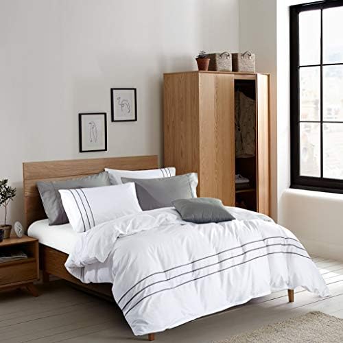 MengBoo Karen 2 Pieces White Duvet Cover Set Without Filling Grey Stripe Trim 100% Egyptian Cotton 300 Thread Count Soft Sateen Hotel Collection Zipper Closure Corner Ties (White Grey, Twin)…