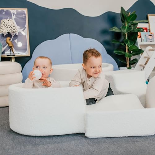 MEOWBABY Schaumstoff Bausteine Kinder - Softbausteine XXL - Bausteine Spielplatz mit kleinem Bällebad und 100 Bällen - Indoor Motorik Spielzeug für Babys & Kleinkinder, Boucle, Weiß