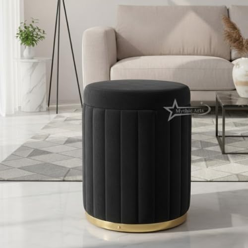 Image of Round Strip Stool with Cushion Foot Rest Office Stool Pouf Ottoman Padded Seat in Living Room - Black