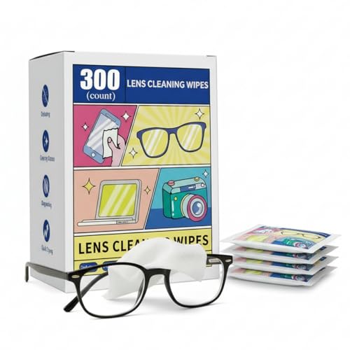 Glasses Cleaner Wipes 300 Individually Wrapped - Streak-Free Lens Wipes for Eyeglasses, Screens & Optical Devices