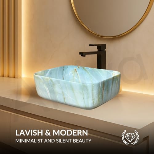 Image of Artiva Ceramic Wash Basin /Tabletop Washbasin For Bathroom,12 inchx16 inch /Small Countetop Bathroom Basin /Table Top Basin For Home,Office,Hotel /Rectangle Glossy Sink (Marble Green,12x16 Inch)