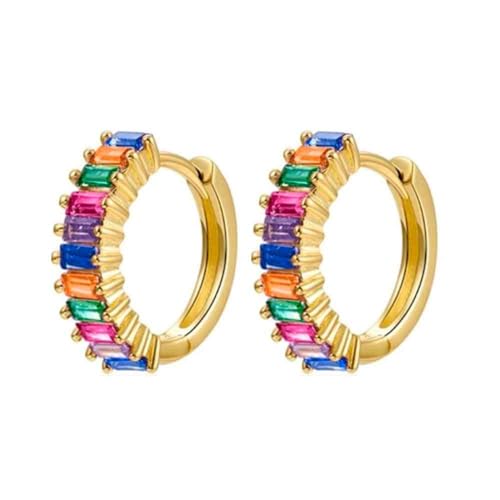 GOLDENCAT Pendientes Magic Dorados, Pendientes Aro Circonitas, Aros Pequeños con Piedras, Argollas Zircon, Aretes, Diámetro aro 15 mm, Grosor del aro 2 mm, Plata de Ley 925 Baño Oro, Zircon Color