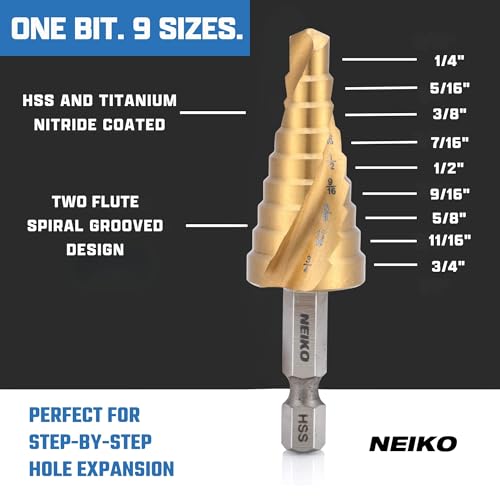 Image of NEIKO 10608A Step Drill Bit, 9 Steps 1 /4 inch to 3 /4 inch Spiral High Speed Steel, Titanium Nitride Coated, 1 /4 inch Quick Change Step Bits for Steel, Metal, Wood, Plastic, Unibit Cone Drill Bits, Two Flute