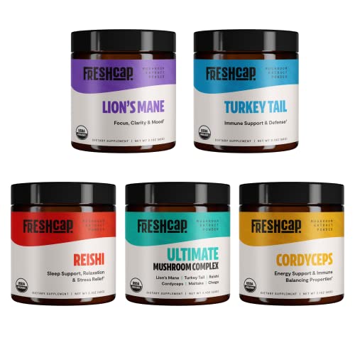 Freshcap, Ultimate Mushroom Starter Kit (Cordyceps, Lion's Mane, Turkey Tail, Reishi And The Ultimate Mushroom Complex) 60 Servings #TOP12