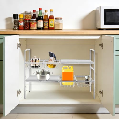 Organizador para debajo del lavabo, estante expandible de 2 niveles, altura ajustable, acero inoxidable, para baño y cocina miniatura 2