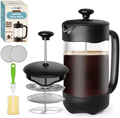 LEEGOHI French Press Coffee Maker- Coffee Press for Filtering Coffee, Tea, Cafetiere with Heat Resistant Borosilicate Glass and Stainless Steel Filter System, 34 OZ/1000ML Black Frosted Coffee Pot