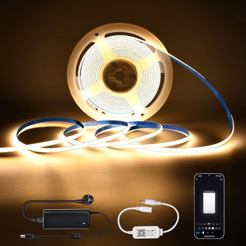 SUBOSI 5m wifi dimmable COB LED Strip 400led / M DC12V 3000k Smart app Control 10W/M LED Strip avec variateur wifi et alimentation avec barre lumineuse fonctionne avec Google Home assistant/Alexa
