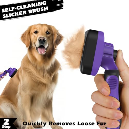 Image of Professional 3PCS Self Cleaning Slicker Brush & Pet Grooming Rake & Flea Comb for Dogs,Cats and Horses | Double-Sided Dematting Comb & Skin Friendly Deshedding Grooming Tool | Pet Supplies (Purple)