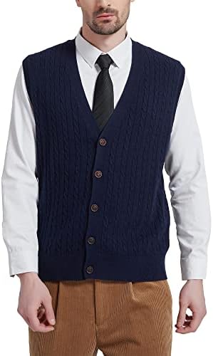 KALLSPIN Men’s Sweater Vest Wool Blended Cable Knit Sleeveless Cardigan with Buttons