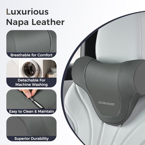 Image of Coverado Car Headrest Pillow, Ergonomic Memory Foam Car Neck Pillow for Driving Seat with Adjustable Strap, Soft PU Leather Breathable Removable Cover Neck Support for Neck Pain Relief