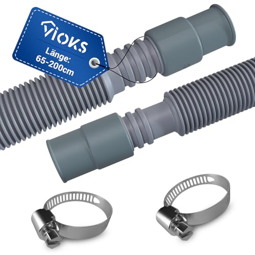 VIOKS Kit de tuyau de vidange flexible extensible pour machine à laver 65-200 cm 19/21 mm de diamètre + 2 colliers de serrage pour machine à laver 18/28 mm de diamètre – Tuyau d'extension pour machine