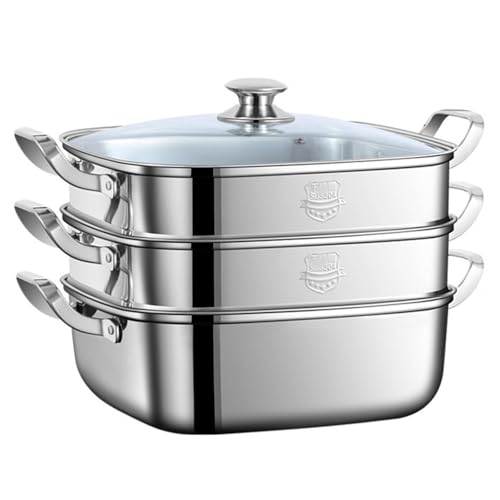 Uevmo 三段式ステンレス製多層蒸し器 ガラス蓋付き四角形設計 IH ガス対応 調理可視化機能 焦げ付き防止加工 (三層)