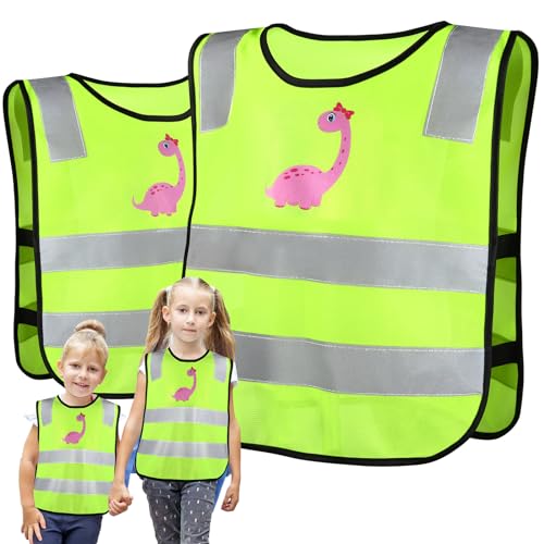 Hoiloie 2 pièces Gilet de Sécurité pour Enfants,Respirant Et Taille Universelle,Gilet de Sécurité Léger pour Enfants,Idéal pour Les écoles,Le Sport et La sécurité des Garçons-Dinosaure Rose