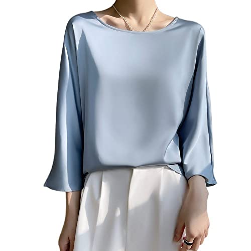 Bluse E Camicie da Donna, Camicetta da Donna in Raso di Seta Estiva Elegante Tinta Unita Girocollo Pullover Camicie Top Moda Ampia Manica A 3/4 Tunica Top Casual Formale Festa Camicette da Lavoro T-