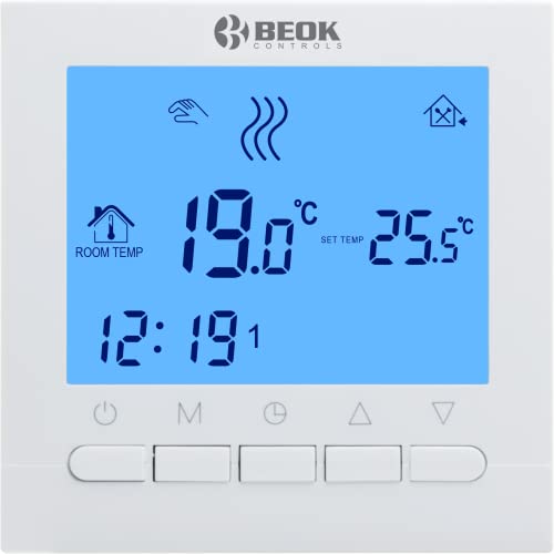 Beok Termostato de Caldera Gas 3A calefacción de programable Digital con Pantalla LCD Controlador de Temperatura de retroiluminación Azul operado por batería Cover
