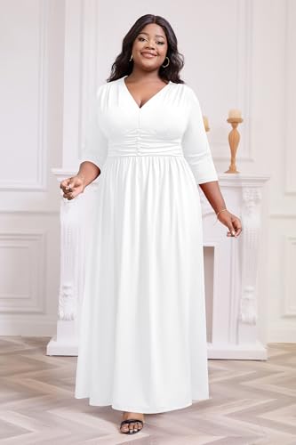 Image of Runwind Plus Size Maxi Dress 3 /4 Sleeve V-Neck Pleated Faux Buttons Pockets | Plus size dress for wedding guest work church, pleated front faux buttons, flowy maxi dress enhances elegance