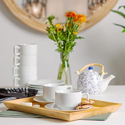 Argon Tableware 12x White Traditional Stacking Tea Mugs & Saucers Set - 200ml (7oz) - Porcelain Latte Coffee Cups Set - Dishwasher and Microwave Safe