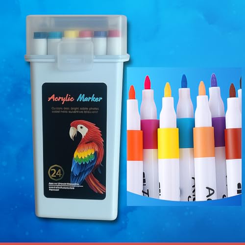 Image of Acrylic Paint Marker Pens Set - 24 Color Pack with Medium Tip Markers for Drawing and Craft on Rock, Glass, Wood, Plastic, Metal, Fabric, Canvas, Mug and Stone Surfaces (Box Markerpen 24)