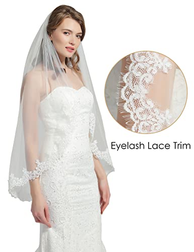 Beautelicate Wedding Bridal Veil With Comb 1 Tier Eyelash Lace Trim Applique Edge Fingertip Length 37" V80-Ivory #TOP2