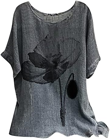 Summer Women Cotton Linen Tshirt Tops Trendy Short Sleeve Casual Flower Tunic Tees Comfy Soft Crewneck Flowy Blouses