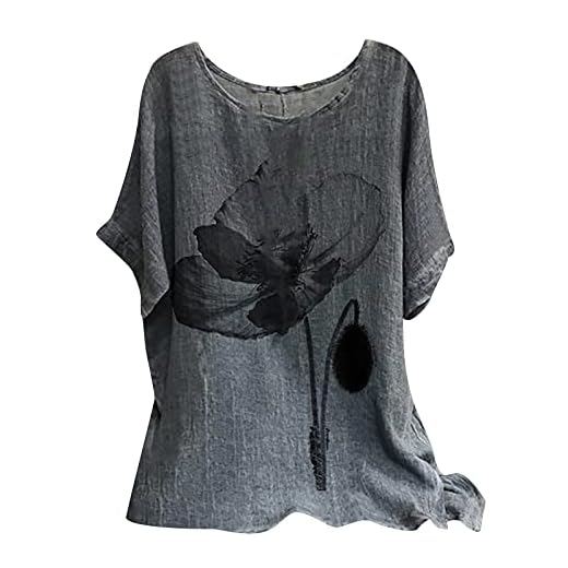 Summer Women Cotton Linen Tshirt Tops Trendy Short Sleeve Casual Flower Tunic Tees Comfy Soft Crewneck Flowy Blouses