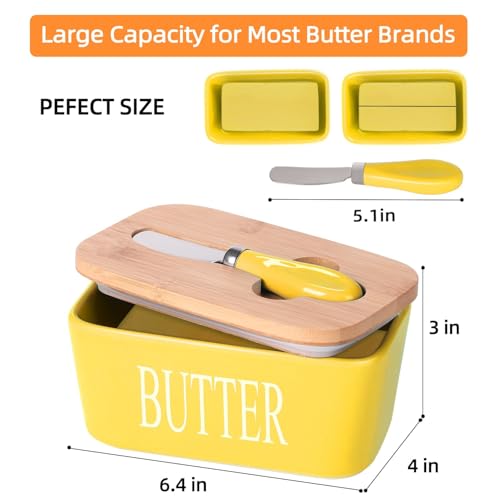 Image of Ceramic Butter Dish with Wooden Lid and Stainless Steel Knife, Large Butter Container Keeper with Bamboo Cover and Silicone Sealing Ring for West and East Coast Butter (Yellow)