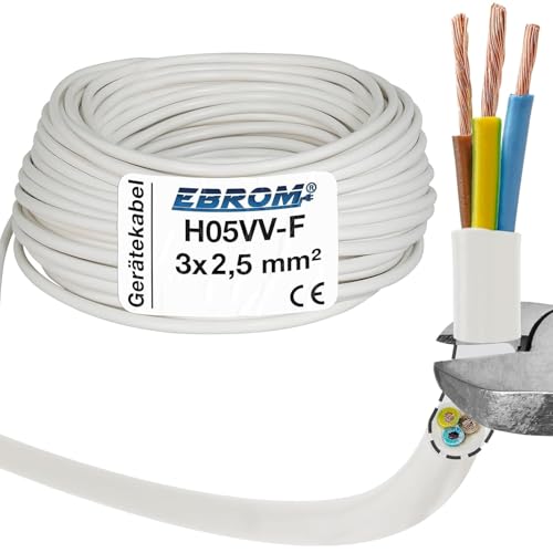5 Meter - EBROM - H05VV-F 3x2,5 mm² PVC Schlauchleitung, weiß - Gerätekabel, LED Kabel, flexible Leitung, 3G2,5 mm2 Kunststoffschlauchleitung, Kabel für Haushaltsgeräte, Stromleitung, Stromkabel