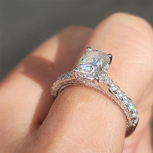 DovEggs Vintage Moissanite Engagement Ring for Women 1.8ct Center,6x8mm GHI Elongated Cushion Crushed Ice/Heart Arrows Cut Moissanite Mligrains Hidden Halo 14k Gold Quality Sterling Silver3