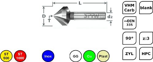 SPPW Kegelsenker VHM 90° z:3 HPC L:45 Ø6,3