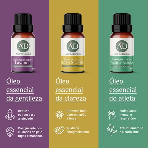 KIT BÁSICO DE AROMATERAPIA - 3 Óleos Essenciais 100% Puros. Lavanda, Limão e Eucalipto - Ideal Para