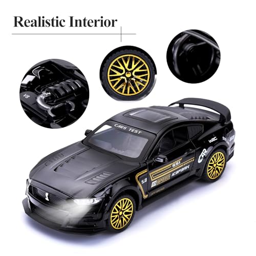 Image of Diecast Toy Car Scale Model,Pull Back Vehicles Alloy Simulation Supercar with Lights and Sound Also for Car Dashboard,Kids,Adult (Mustang Black)