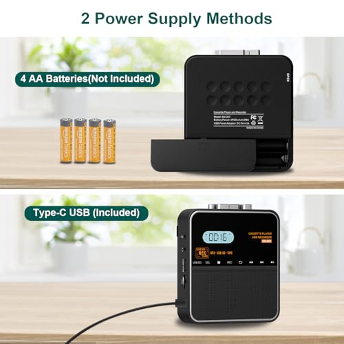 Image of Cassette Tape Player Recorder, Cassette to MP3 Converter, Record to Cassettes /USB /SD Card, LCD Display, Power by USB C or AA Battery, Built-in Speaker, Headphone Jack and Mic