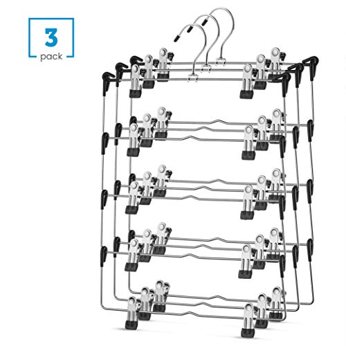 Zober Space Saving 5 Tier Metal Skirt Hanger With Clips (3Pk) Hang 5-On-1, Gain 70% More Space,Rubber Coated Hanger Clips,360 Swivel Hook,Adjustable Clips Pants Hanger,Hang Slack,Trouser,Jeans,Towels #TOP2