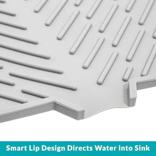 Image of Homeze Large Kitchen Silicone Drying Mat 60x45 cm - Built-in Drain Lip Organizer Tray for Utensils, Heat Resistant Trivet, Protects Countertops, Prevents Water Accumulation, Easy to Clean (Grey)