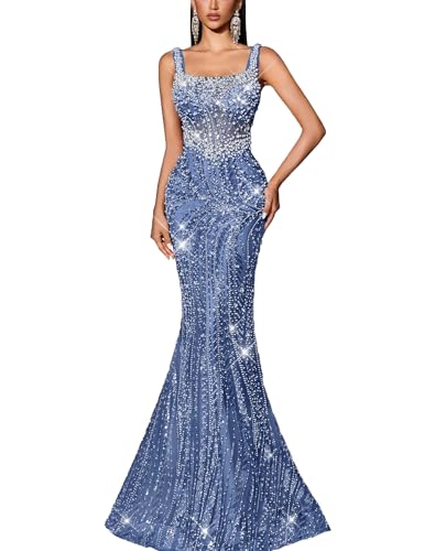 VOUIAO Women's Square Neck Sequin Beaded Mermaid Formal Evening Dress Spaghetti Strap Bodycon Prom Party Cocktail Maxi Gown Haze Blue M