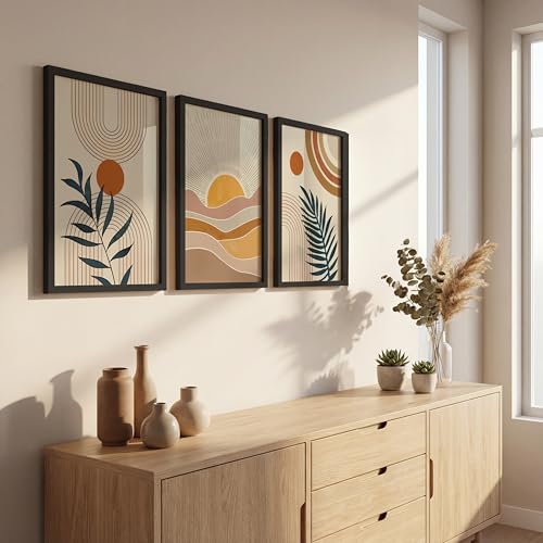Image of NoWorries Boho art Framed Painting Set of 3 | Abstract prints mid century modern decor Frames | Sun wall art neutral wall decor minimalist line art | Botanical leaf prints scandinavian wall art Fame | Beige aesthetic Decor for living room, bedroom, office and gallery (Art-14, 13x19inch, Wooden)