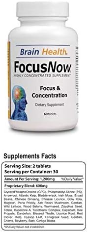Focus Now - 100% Natural Dietary Supplement - Supports a Healthy Level of Focus, Concentration & Memory - 60 Brain Tablets