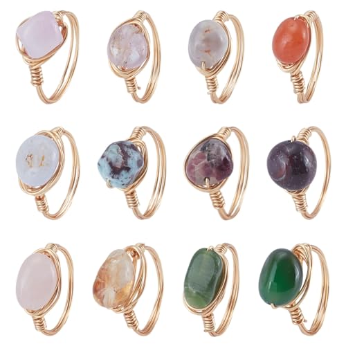 HOBBIESAY Bagues enveloppées de fil de cuivre avec pierre précieuse naturelle irrégulière colorée pour femme, cadeau de Noël, mariage, fête d'anniversaire, 17 mm de diamètre, Pierre
