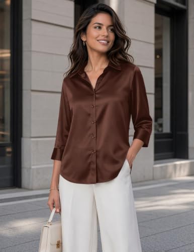 Image of Zeagoo Womens Satin Blouses Button Down Shirts 3 /4 Sleeve Dressy Tops S-2XL