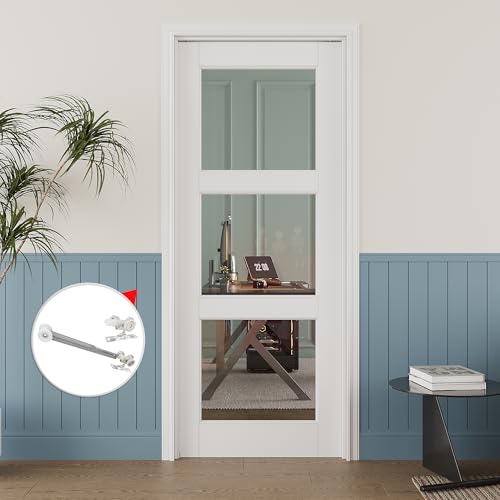 Image of 32 inch x 80 inch 3-Lite Clear Glass Pocket Door, Soft-Close Sliding Pocket Door with Frame & Hardware Kit Set, Primed All-Inclusive Interior Door Slab for Home, White, Need to Assemble